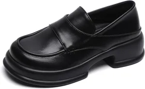 Women's Loafers, Slip-On Comfortable Round Toe Platform Chunky Heel Loafers for Women, Women's Business Casual Shoes (Black,8)