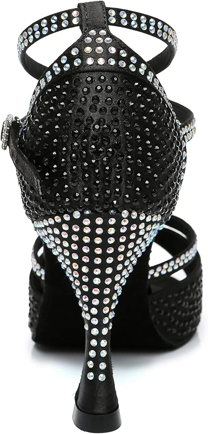 Womens Low High Heel Dance Shoes with Rhinestones Comfortable Wedding Evening Sandals