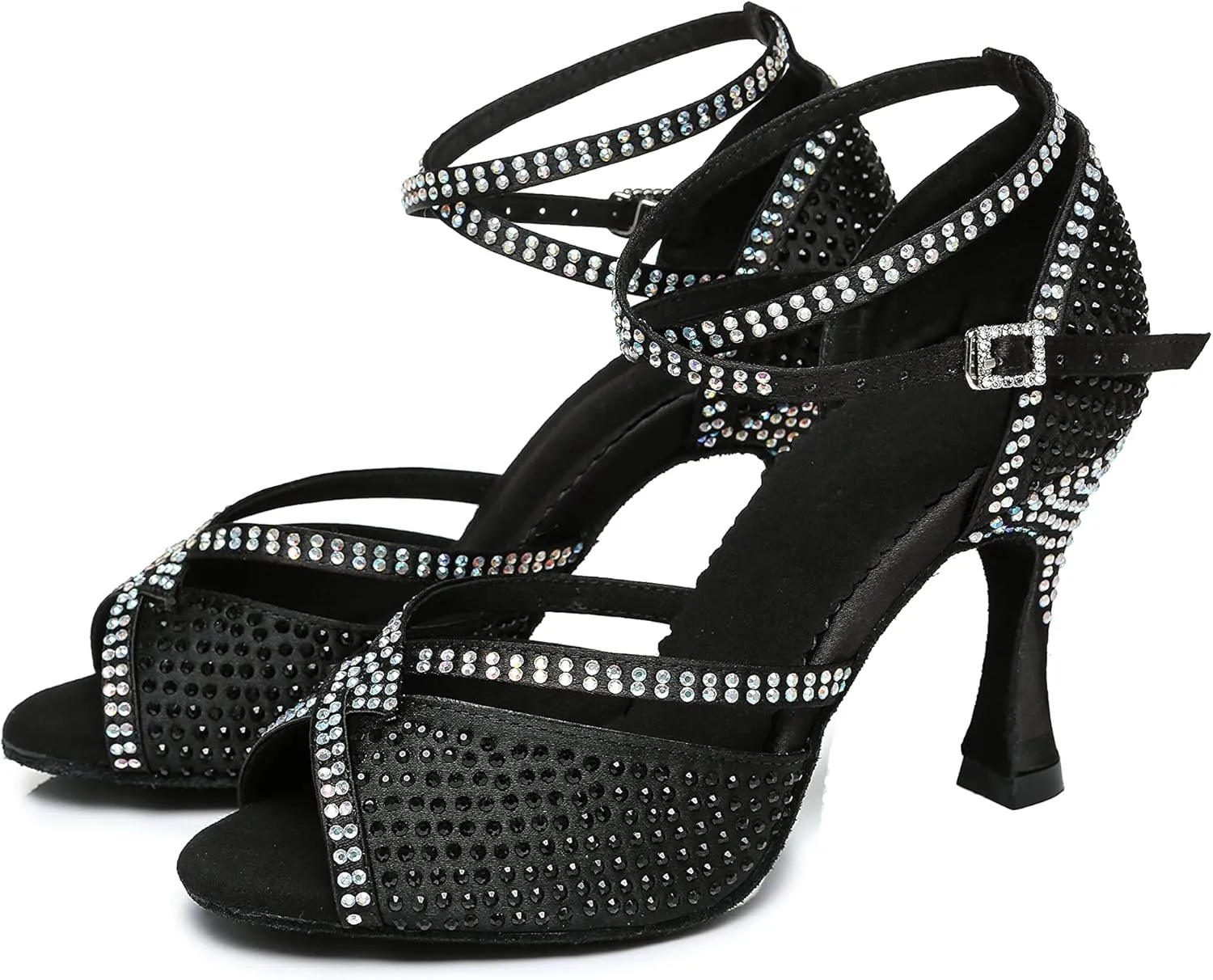 Womens Low High Heel Dance Shoes with Rhinestones Comfortable Wedding Evening Sandals