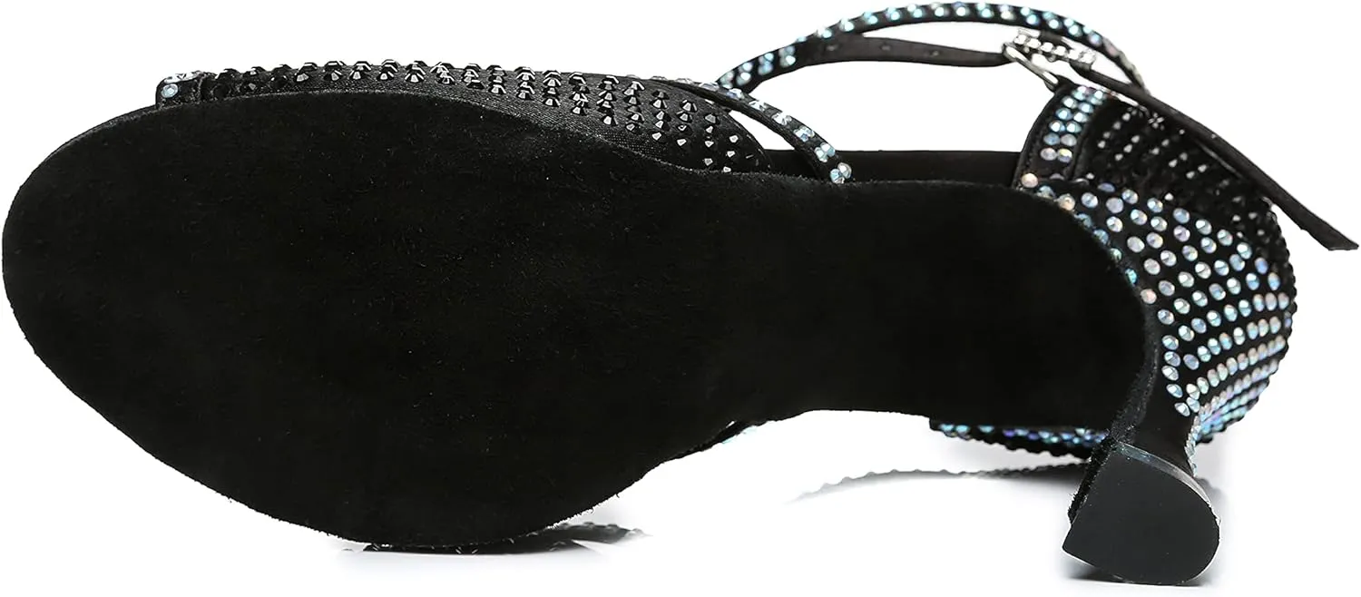 Womens Low High Heel Dance Shoes with Rhinestones Comfortable Wedding Evening Sandals