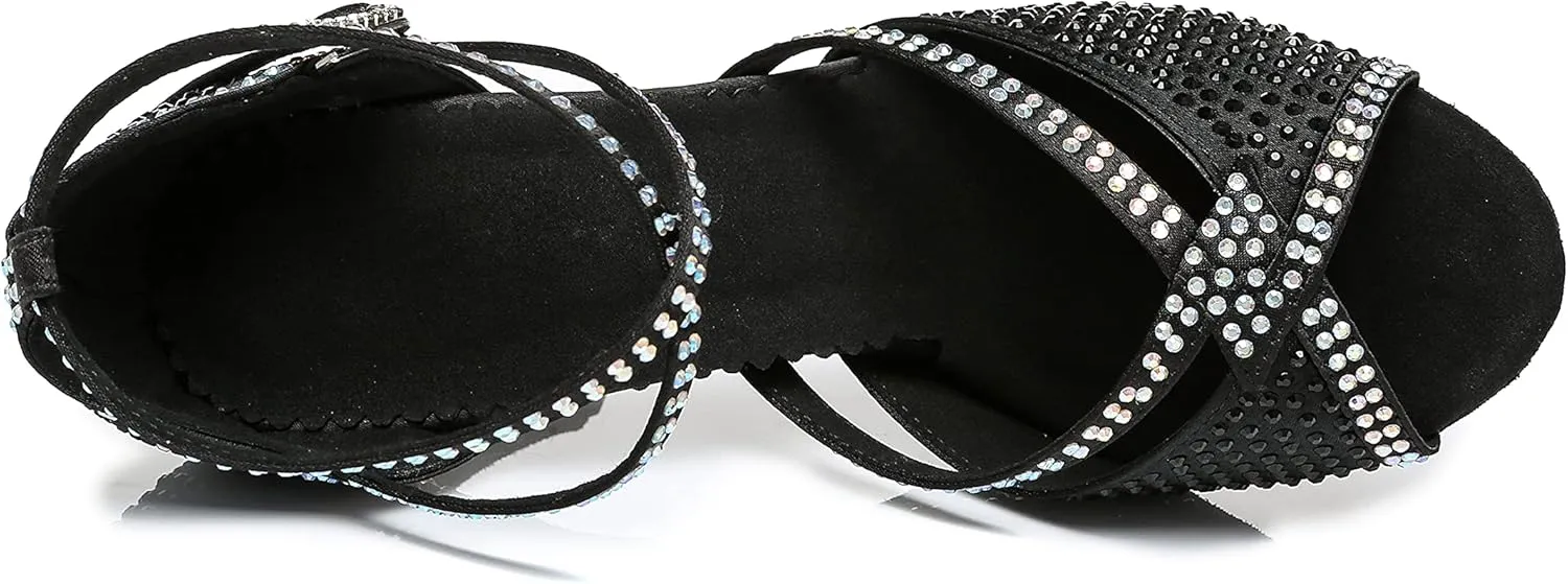 Womens Low High Heel Dance Shoes with Rhinestones Comfortable Wedding Evening Sandals