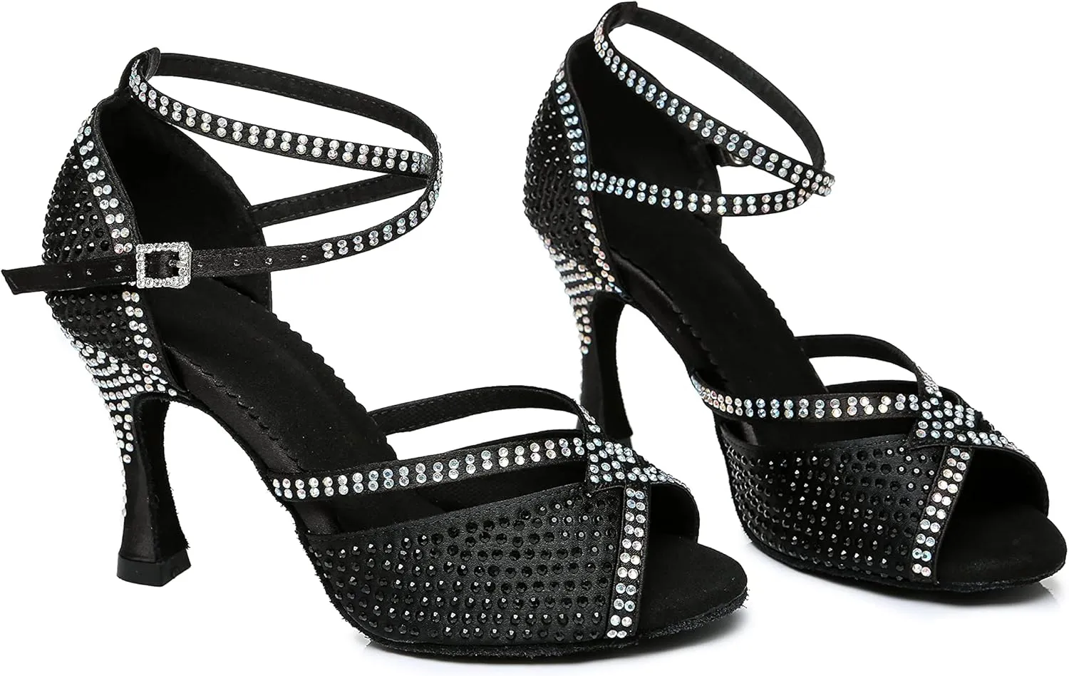 Womens Low High Heel Dance Shoes with Rhinestones Comfortable Wedding Evening Sandals