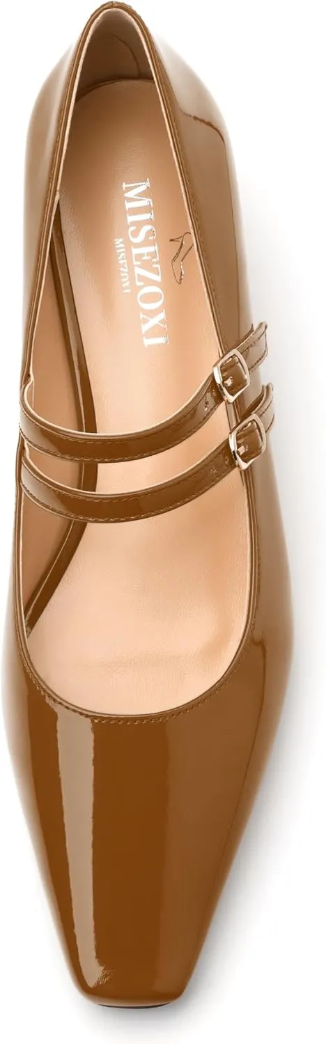 Womens Mary Jane Pumps, Square Toe Low Block Heel Pump Shoes for Women, Daily Comfort Mary Jane Pumps with Two Straps 1.3"