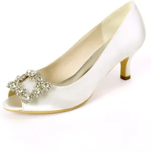 Women's Peep Toe Wedding Shoes for Bride Low Heels Bridal Shoes Satin Evening Party Pumps Sandals