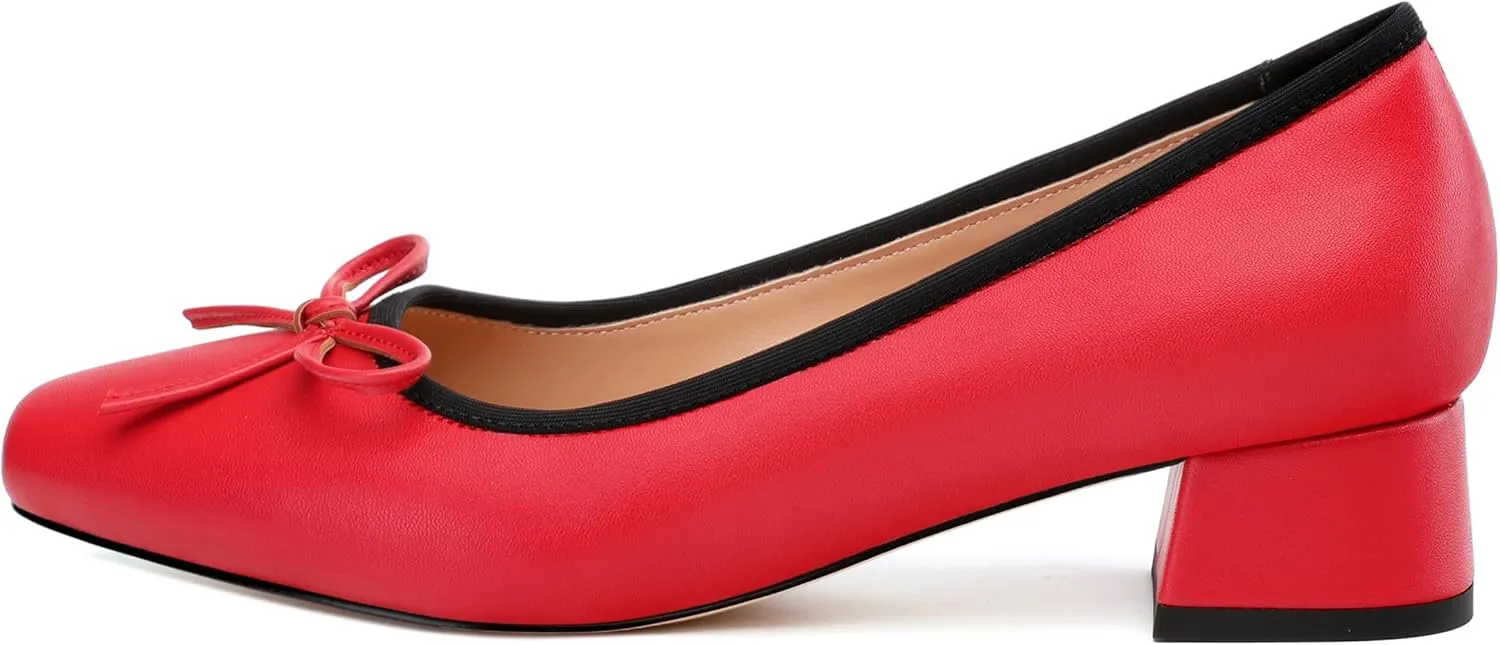 Womens Pumps, Square Toe Low Block Heel Pumps for Women, Leather Insole Comfort Daily Pump Shoes with Bow Tie 1.3"