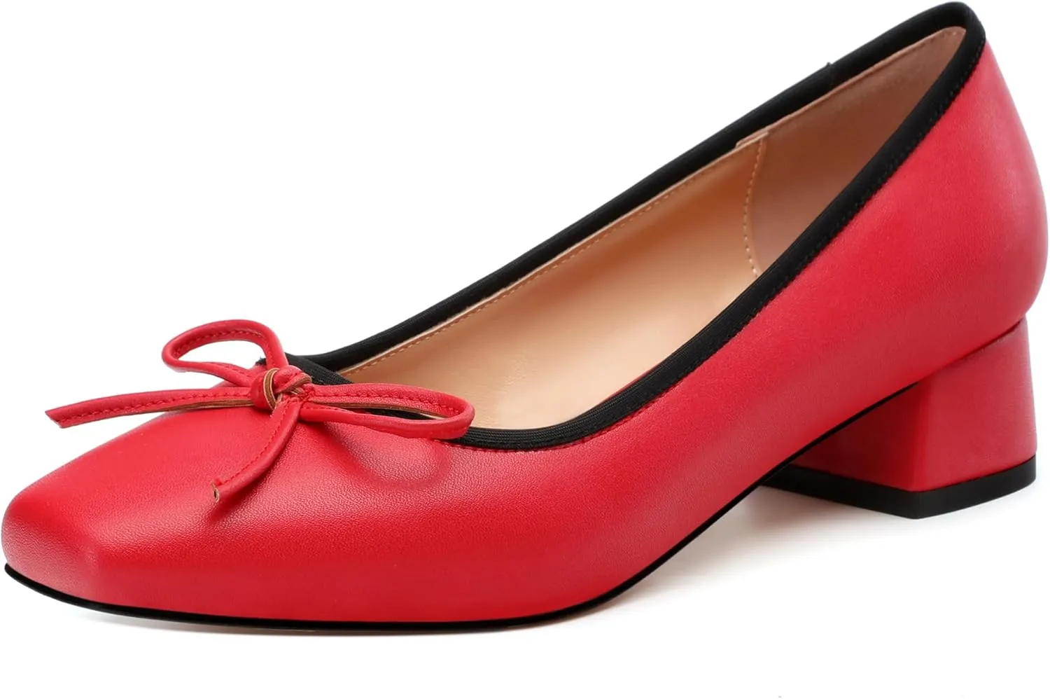 Womens Pumps, Square Toe Low Block Heel Pumps for Women, Leather Insole Comfort Daily Pump Shoes with Bow Tie 1.3"