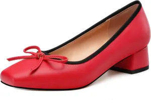 Womens Pumps, Square Toe Low Block Heel Pumps for Women, Leather Insole Comfort Daily Pump Shoes with Bow Tie 1.3"