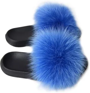 Women's Real Fox Fur Slides Furry Slide Sandal for Outdoor Fur Slippers
