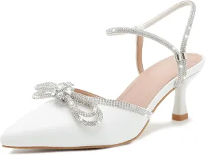 Women's Rhinstone Wedding Low Heel Slingback Kitten Heels, Adjustable Strap Pointed Toe Bow Pumps Prom Dress Shoes