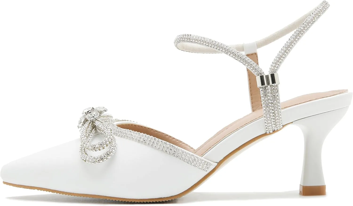 Women's Rhinstone Wedding Low Heel Slingback Kitten Heels, Adjustable Strap Pointed Toe Bow Pumps Prom Dress Shoes