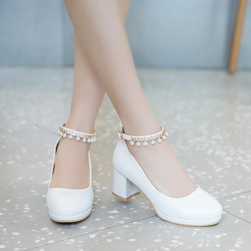 Women's Round Toe Pearls Ankle Strap Dress Pumps Shoes Comfortable Mid Heels Girls Mary Jane Shoe