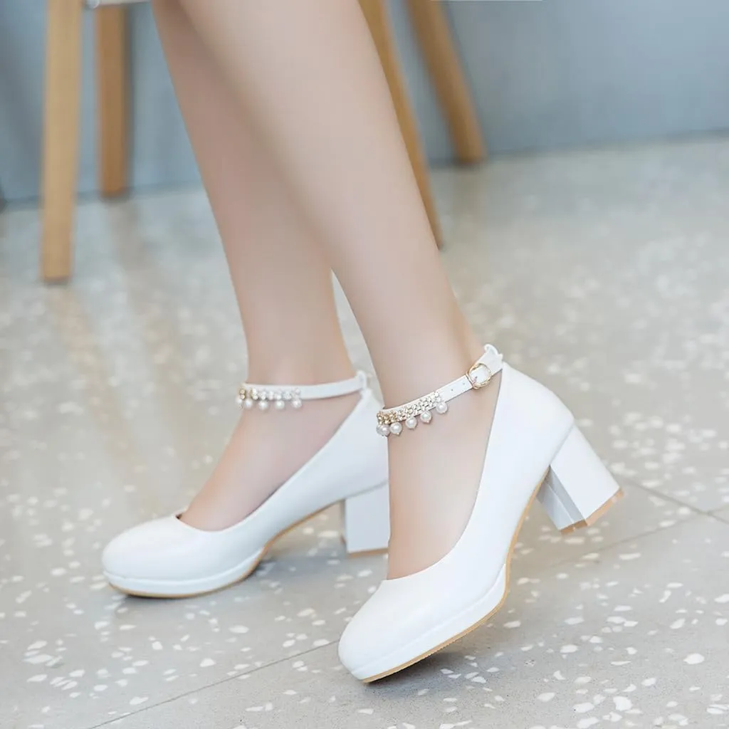 Women's Round Toe Pearls Ankle Strap Dress Pumps Shoes Comfortable Mid Heels Girls Mary Jane Shoe