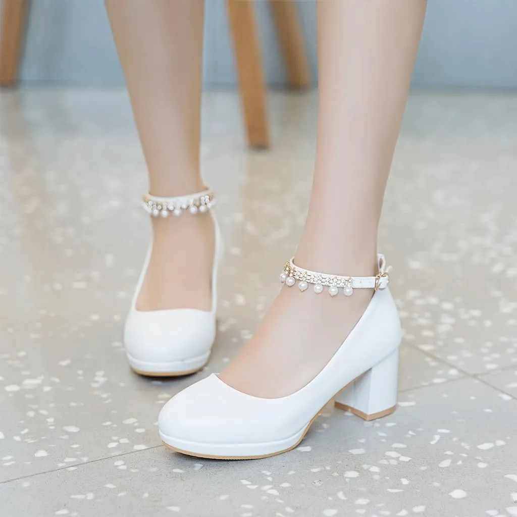 Women's Round Toe Pearls Ankle Strap Dress Pumps Shoes Comfortable Mid Heels Girls Mary Jane Shoe