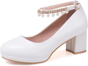 Women's Round Toe Pearls Ankle Strap Dress Pumps Shoes Comfortable Mid Heels Girls Mary Jane Shoe