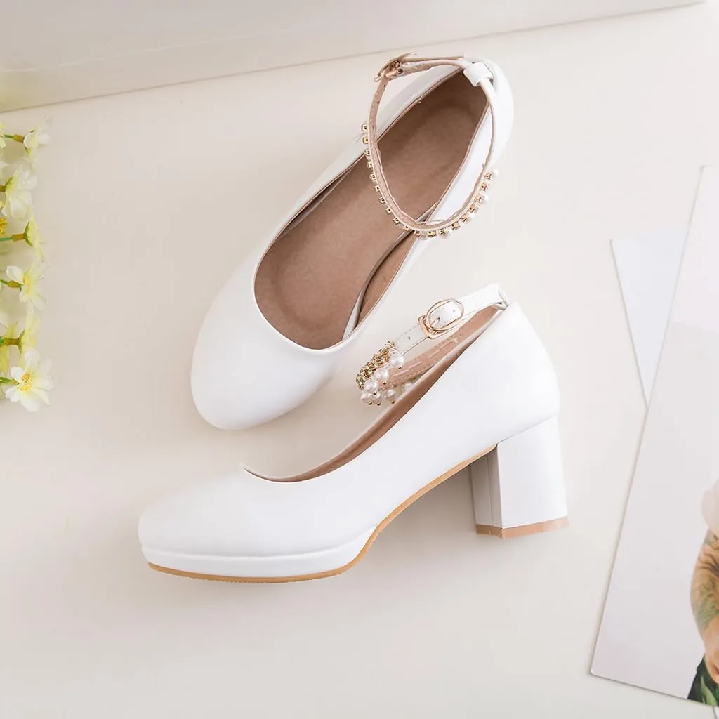 Women's Round Toe Pearls Ankle Strap Dress Pumps Shoes Comfortable Mid Heels Girls Mary Jane Shoe
