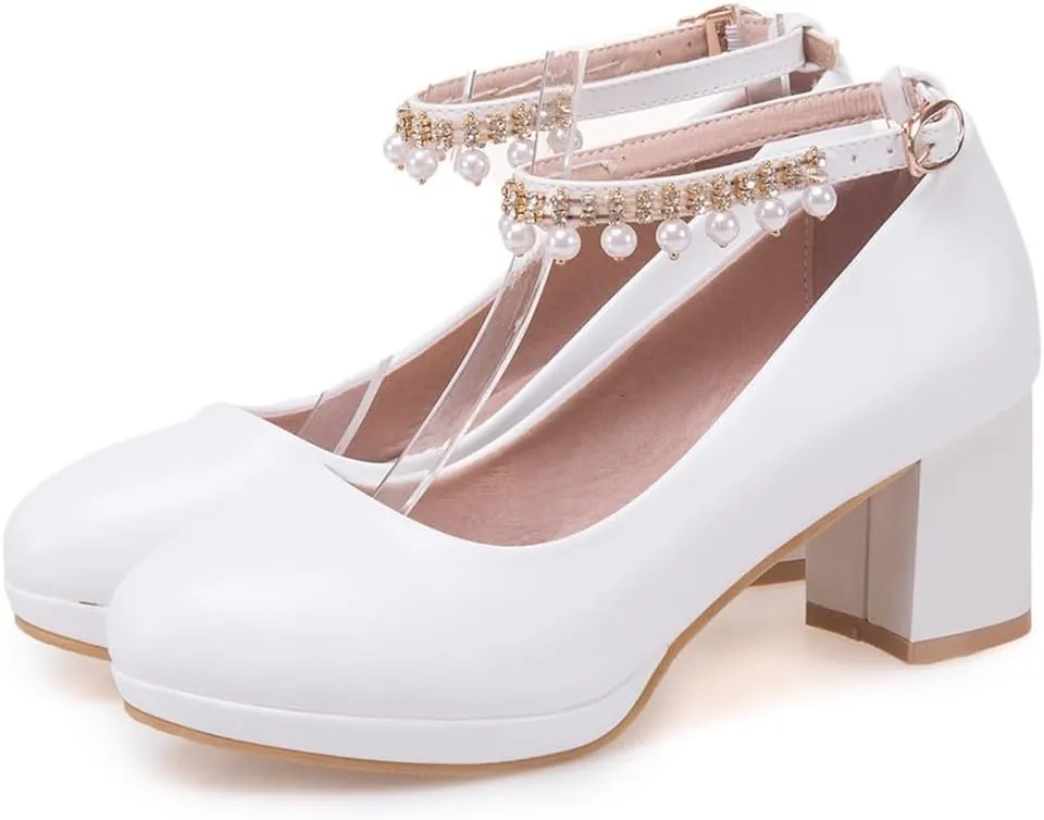 Women's Round Toe Pearls Ankle Strap Dress Pumps Shoes Comfortable Mid Heels Girls Mary Jane Shoe