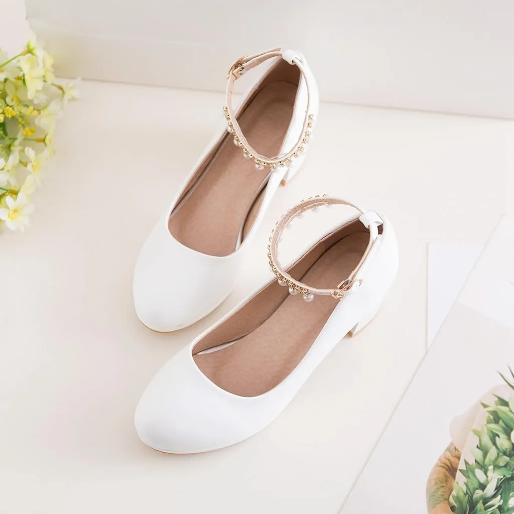 Women's Round Toe Pearls Ankle Strap Dress Pumps Shoes Comfortable Mid Heels Girls Mary Jane Shoe