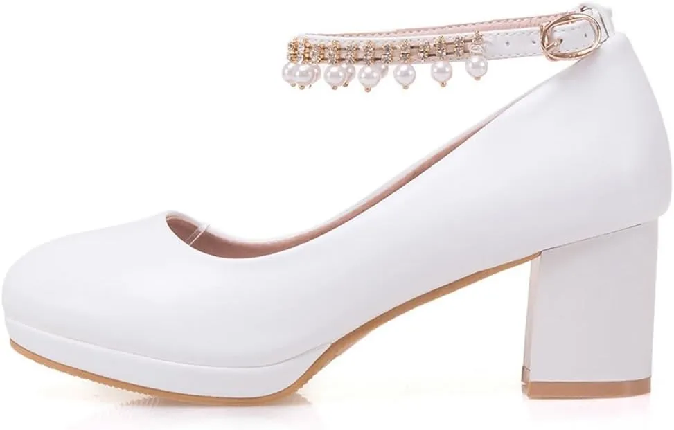 Women's Round Toe Pearls Ankle Strap Dress Pumps Shoes Comfortable Mid Heels Girls Mary Jane Shoe