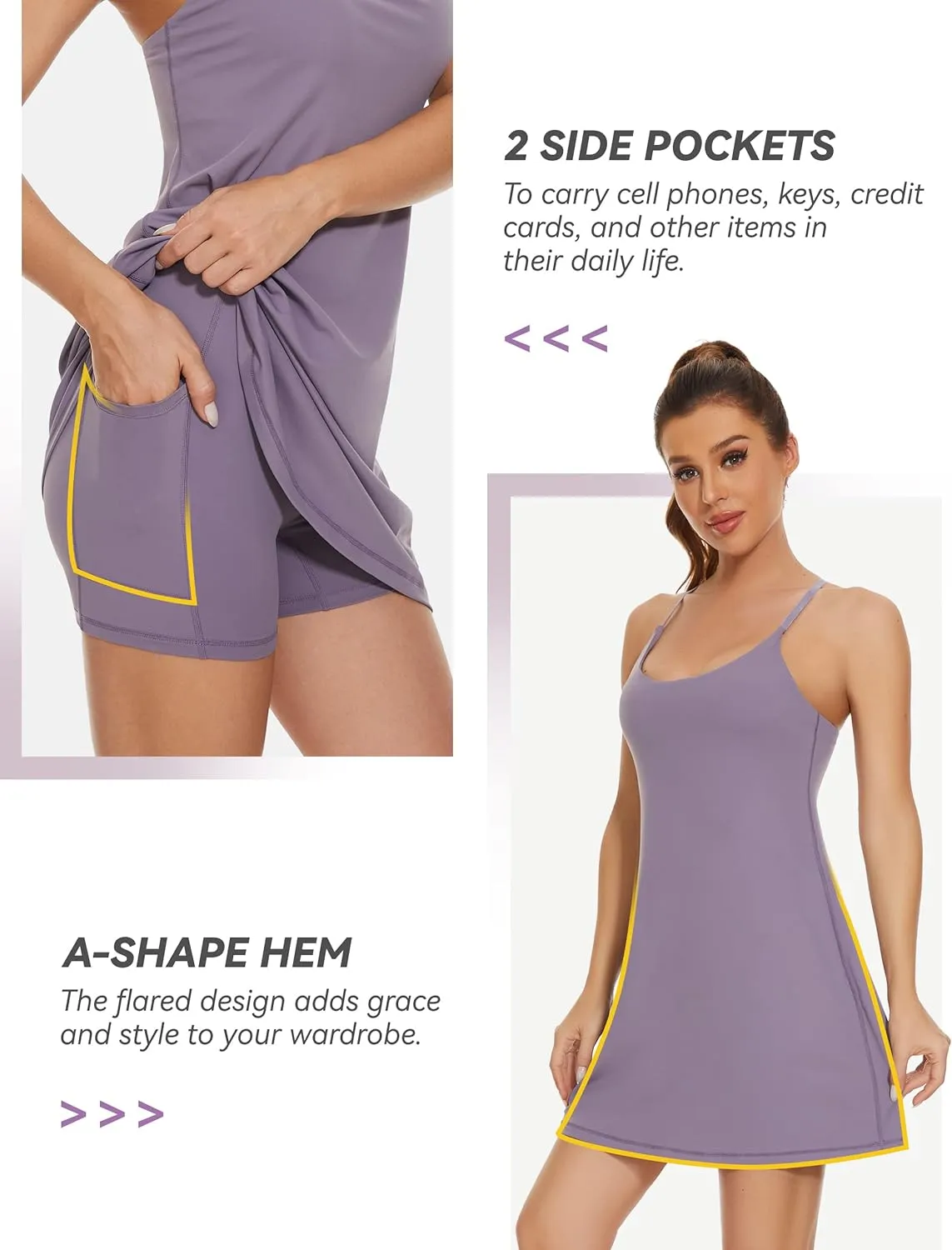 Womens Tennis Dress, 2-in-1 Golf Workout Dress with Built-in Bra & Shorts Pockets, Athletic Dresses with Adjustable Strap