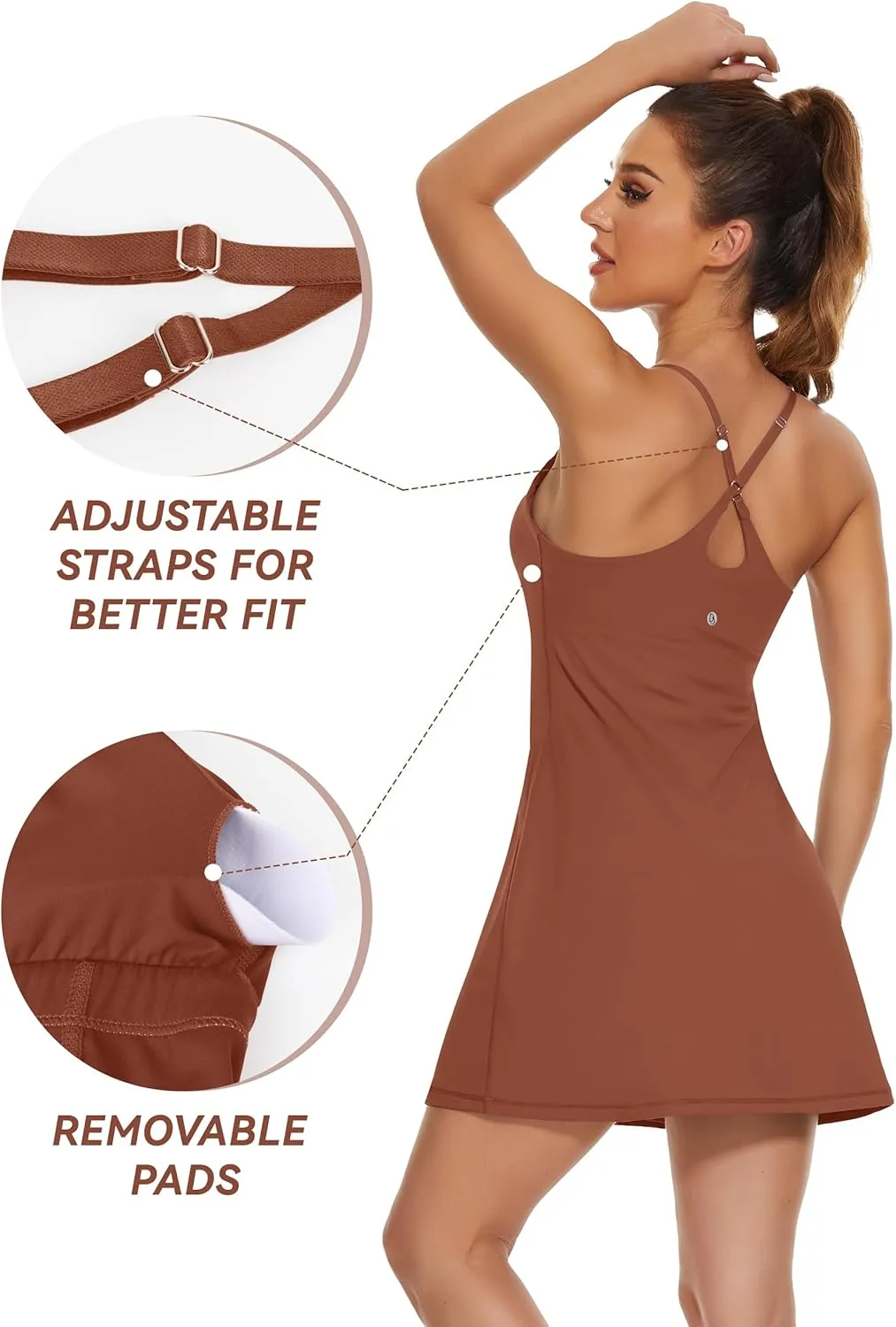 Womens Tennis Dress, 2-in-1 Golf Workout Dress with Built-in Bra & Shorts Pockets, Athletic Dresses with Adjustable Strap