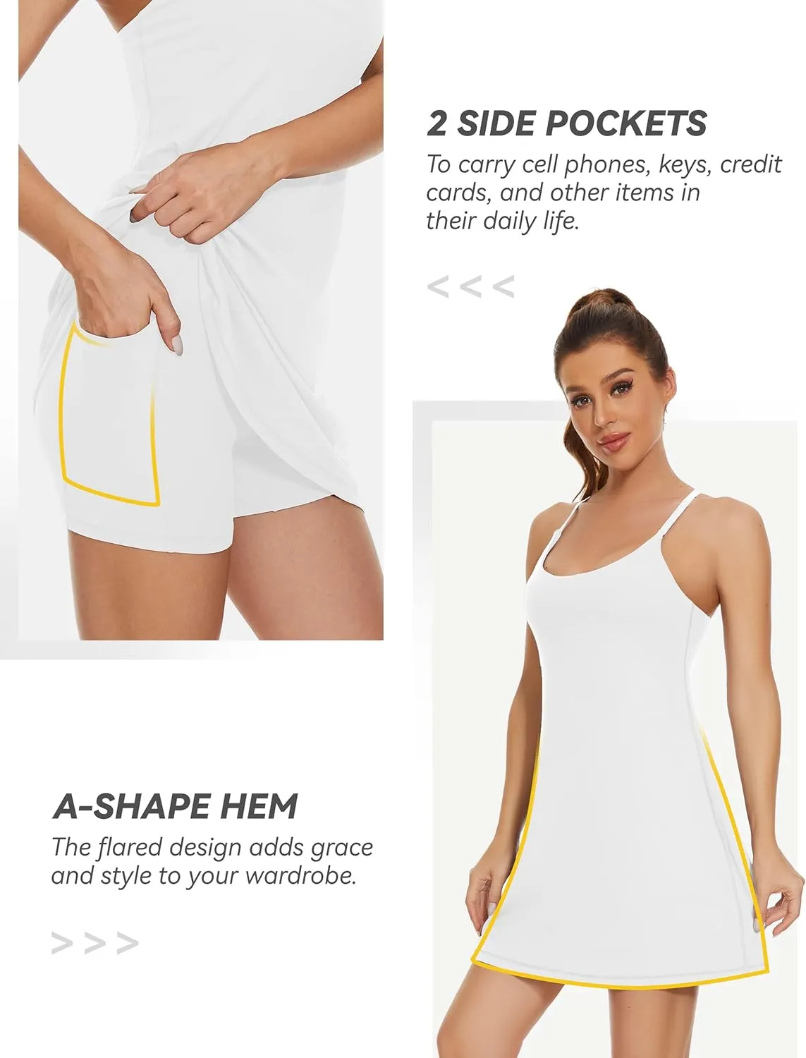 Womens Tennis Dress, 2-in-1 Golf Workout Dress with Built-in Bra & Shorts Pockets, Athletic Dresses with Adjustable Strap