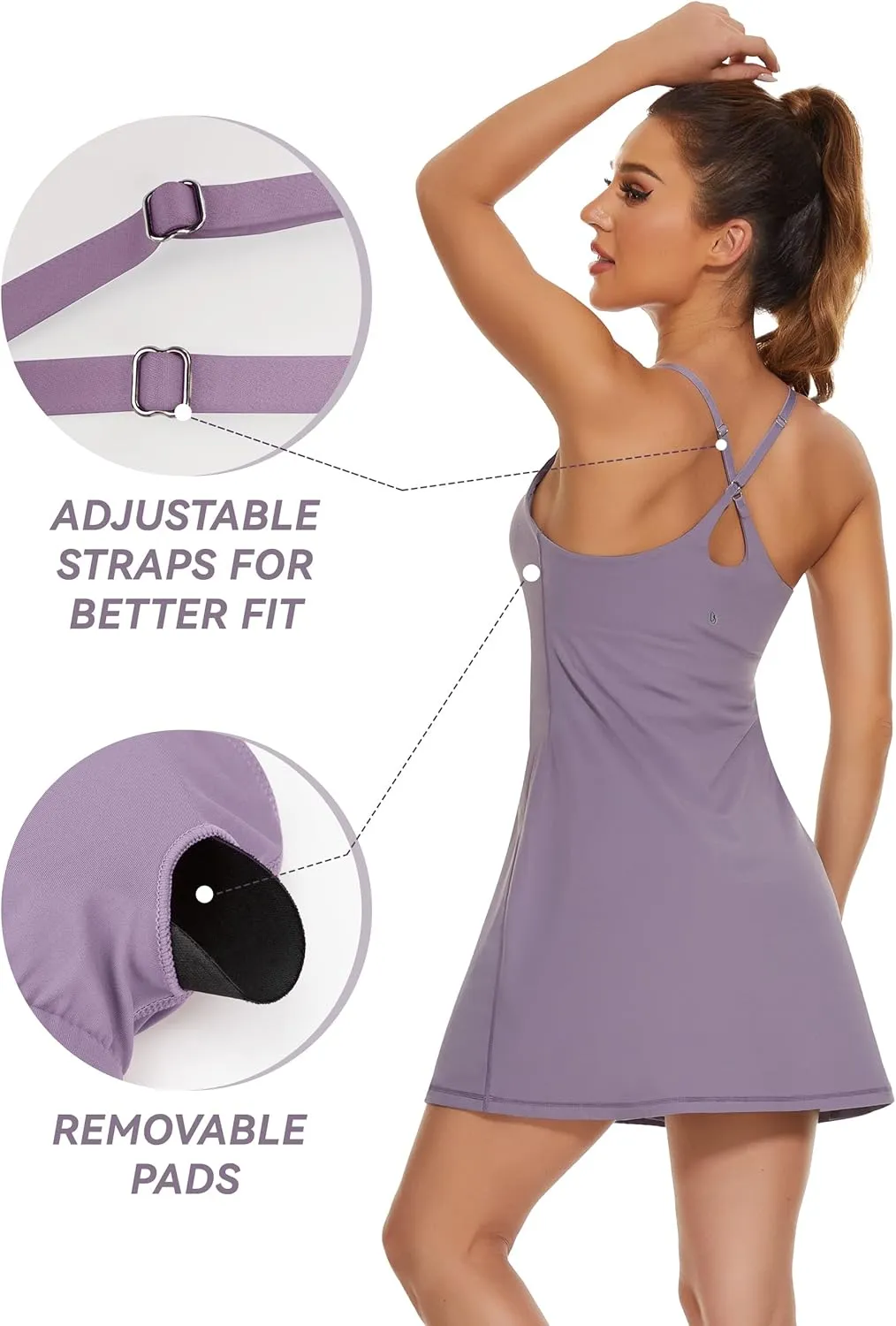 Womens Tennis Dress, 2-in-1 Golf Workout Dress with Built-in Bra & Shorts Pockets, Athletic Dresses with Adjustable Strap