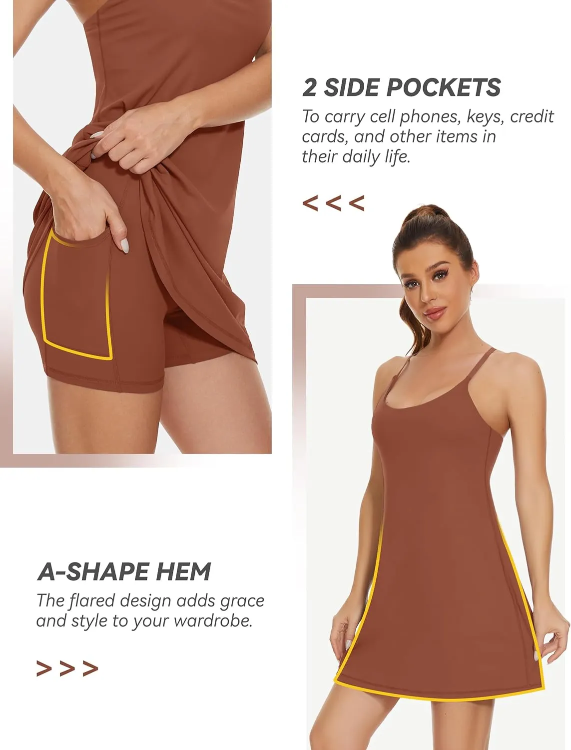 Womens Tennis Dress, 2-in-1 Golf Workout Dress with Built-in Bra & Shorts Pockets, Athletic Dresses with Adjustable Strap