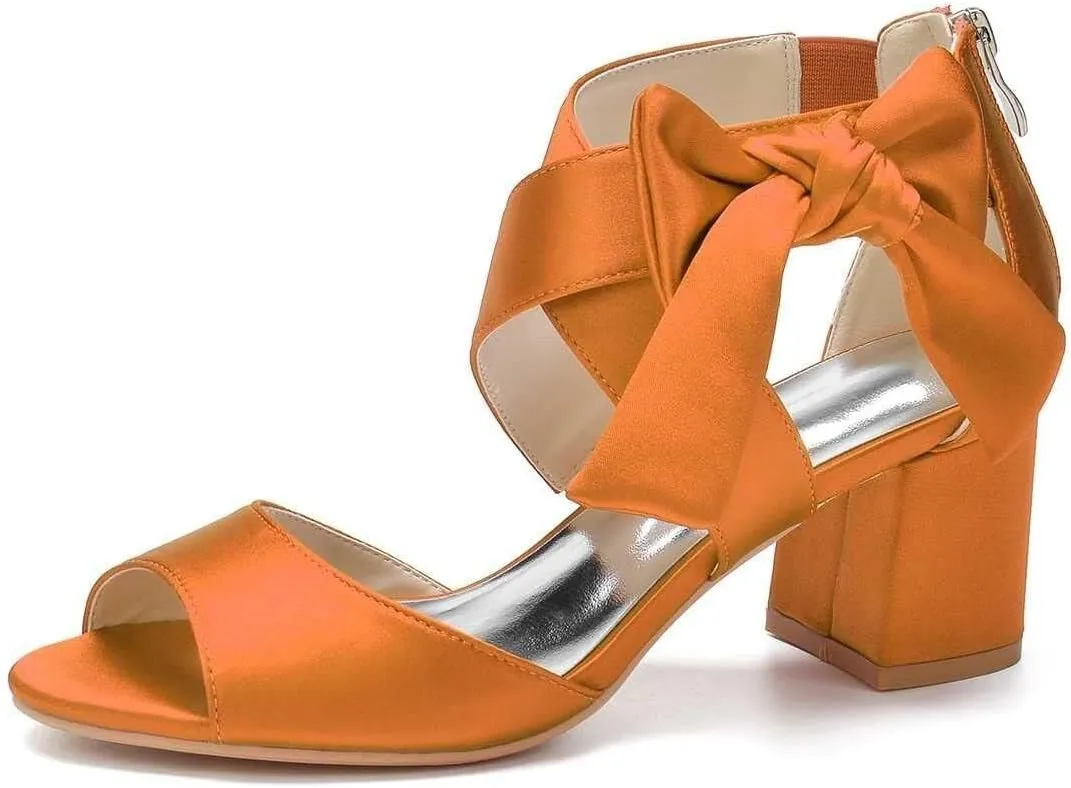Womens Wedding Shoes Women's Low Block Heel Sandals Satin Bridal Chunky Ankle Strap Zipper Wedding Dress Shoes Low Heel Pump(Orange,8)
