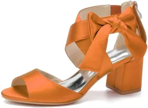 Womens Wedding Shoes Women's Low Block Heel Sandals Satin Bridal Chunky Ankle Strap Zipper Wedding Dress Shoes Low Heel Pump(Orange,8)