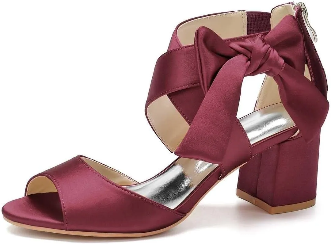 Womens Wedding Shoes Women's Low Block Heel Sandals Satin Bridal Chunky Ankle Strap Zipper Wedding Dress Shoes Low Heel Pump(Wine red,9)