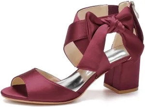 Womens Wedding Shoes Women's Low Block Heel Sandals Satin Bridal Chunky Ankle Strap Zipper Wedding Dress Shoes Low Heel Pump(Wine red,9)
