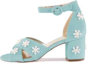 XYD Women Graceful Bloom Pearl Flower Bridal Sandals Ankle Strap Open Toe Chunky Low Heels Romantic Shoes