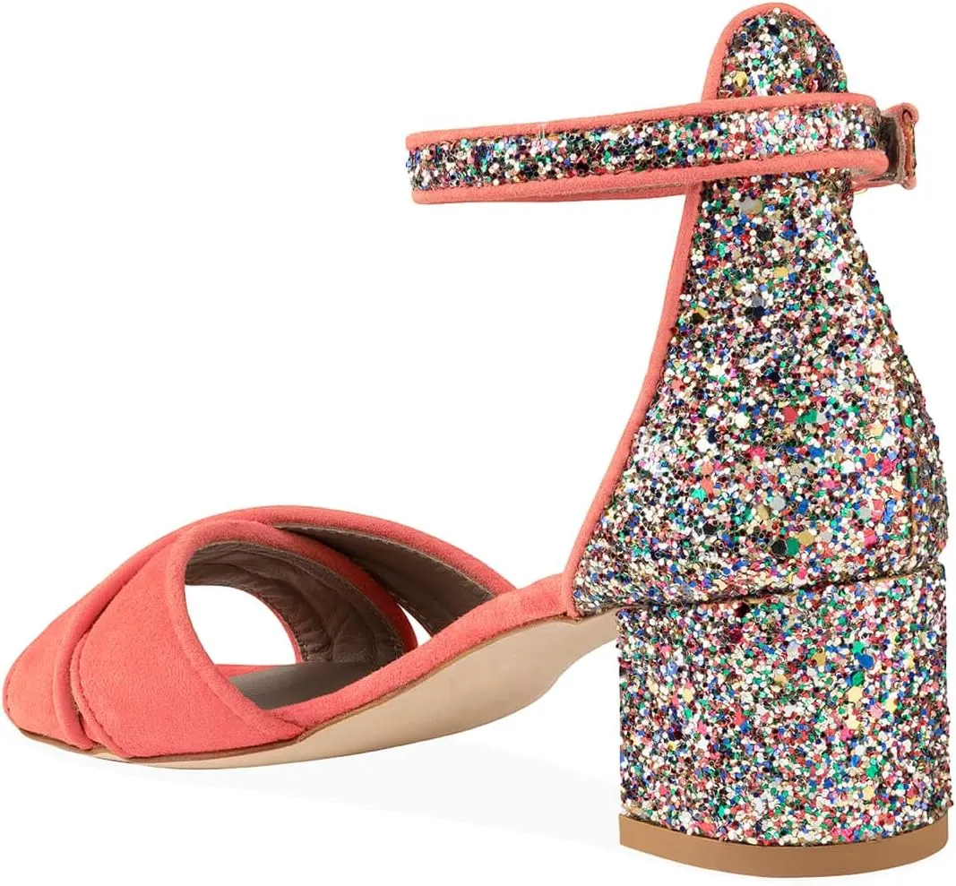 XYD Women's Open Toe Glitter Low Block Chunky Heels Ankle Strap Dress Pump Shoes for Summer Casual Wedding