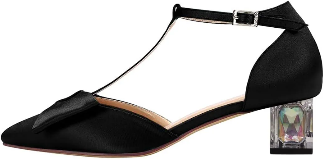XYD Women's T-Strap Bowknot Pumps Chunky Crystal Low Heels Ankle Strap Pointed Toe Satin Dressy Casual Shoes