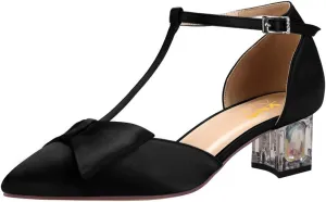 XYD Women's T-Strap Bowknot Pumps Chunky Crystal Low Heels Ankle Strap Pointed Toe Satin Dressy Casual Shoes