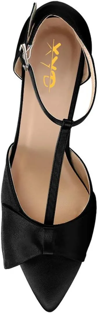 XYD Women's T-Strap Bowknot Pumps Chunky Crystal Low Heels Ankle Strap Pointed Toe Satin Dressy Casual Shoes