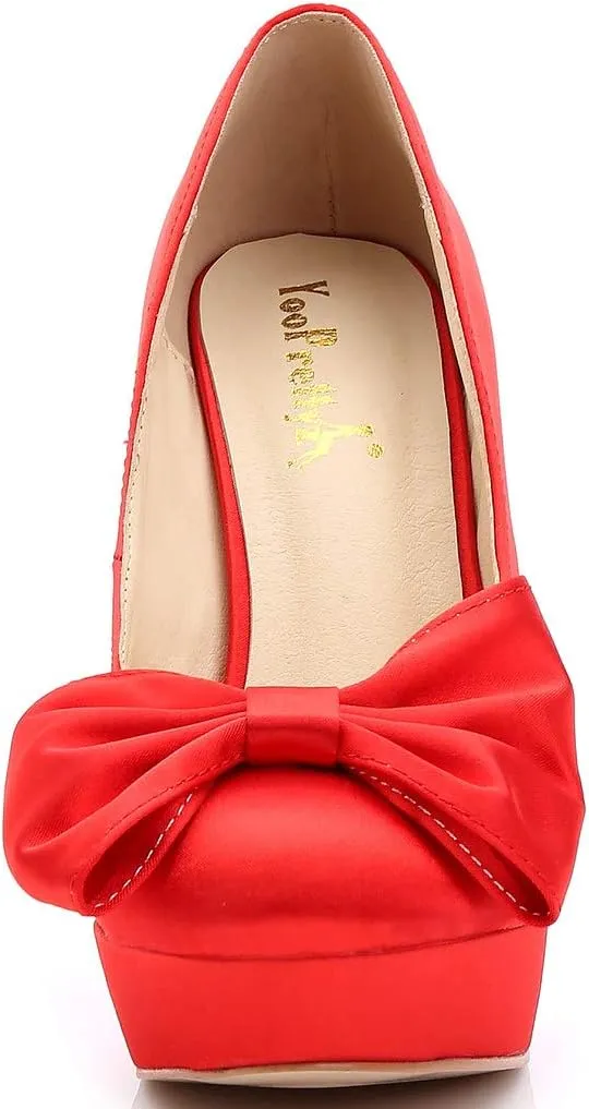 YooPrettyz Women Oversized Bow Wedding High Heels Slip On Satin Evening Bridesmaid Pumps