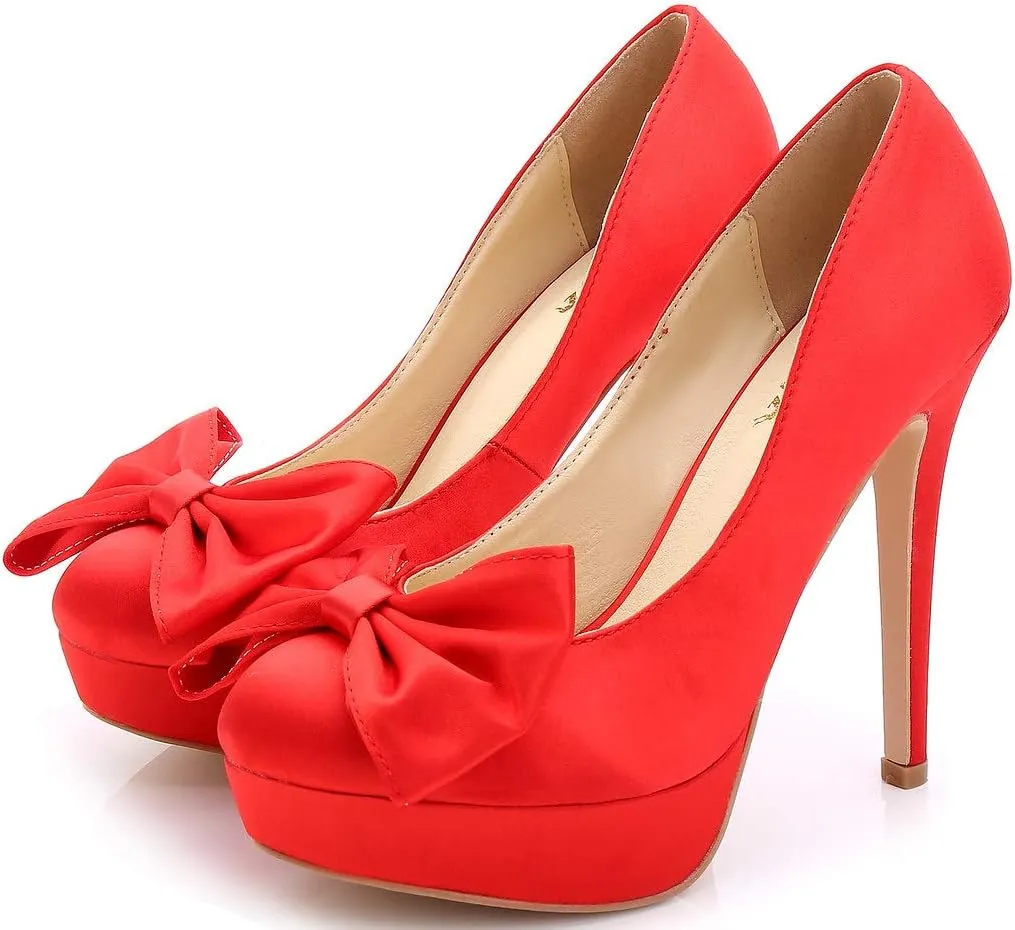 YooPrettyz Women Oversized Bow Wedding High Heels Slip On Satin Evening Bridesmaid Pumps