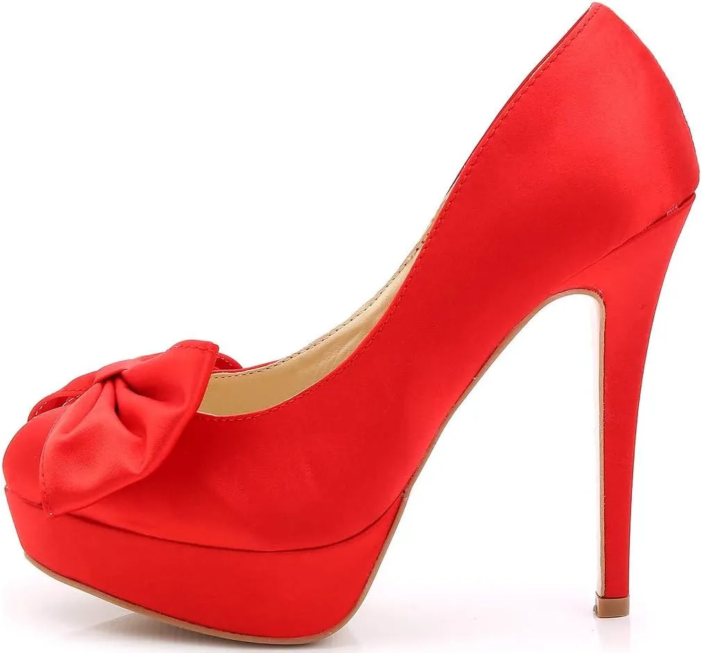 YooPrettyz Women Oversized Bow Wedding High Heels Slip On Satin Evening Bridesmaid Pumps