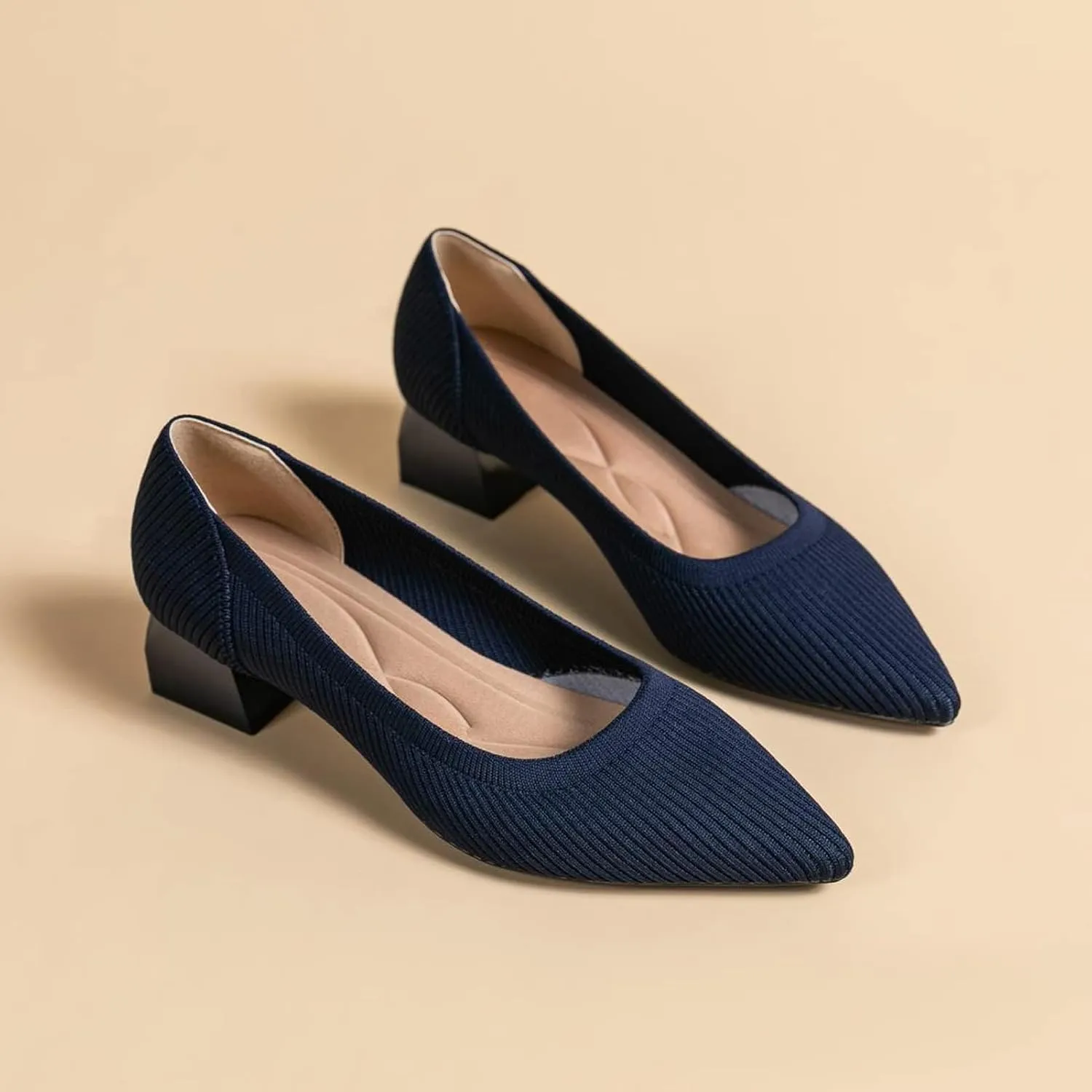 youngshow Women's Pumps Kitten Heels Pointed Toe Knit Slip On Comfortable Casual Formal Dress Shoes