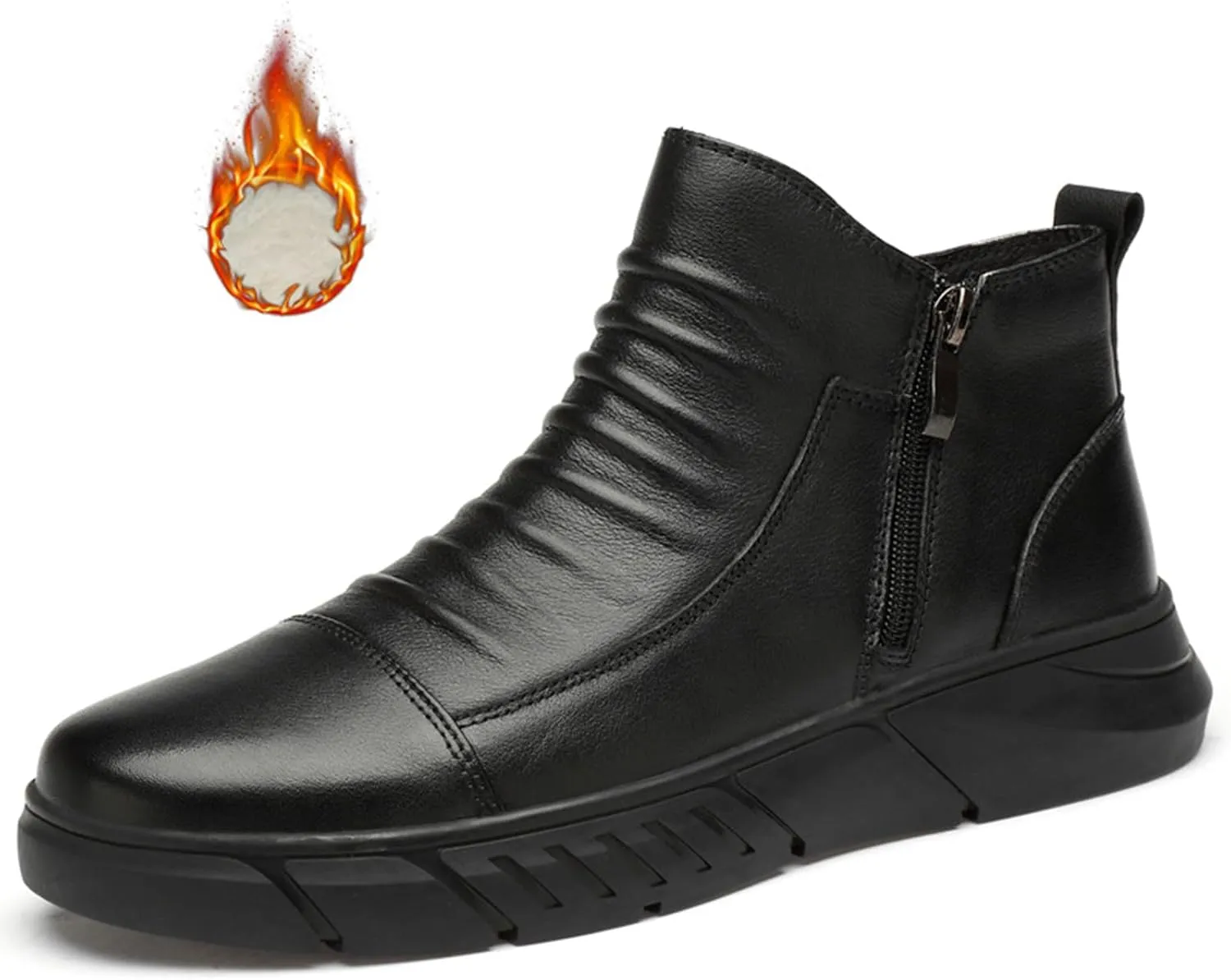 Zeberfi Men's Italian High-top Casual Leather Boots Fashion Winter Fleece-Lined Waterproof Sneaker Boot Round Toe Side Zipper Pleated Retro Comfortable Business Chukka Booties