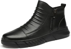 Zeberfi Men's Italian High-top Casual Leather Boots Fashion Winter Fleece-Lined Waterproof Sneaker Boot Round Toe Side Zipper Pleated Retro Comfortable Business Chukka Booties