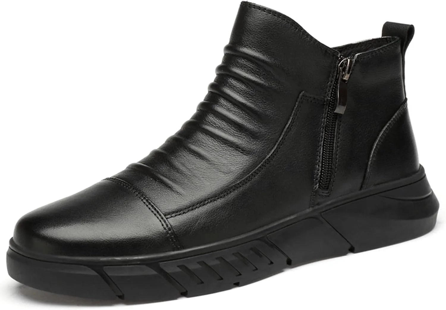 Zeberfi Men's Italian High-top Casual Leather Boots Fashion Winter Fleece-Lined Waterproof Sneaker Boot Round Toe Side Zipper Pleated Retro Comfortable Business Chukka Booties