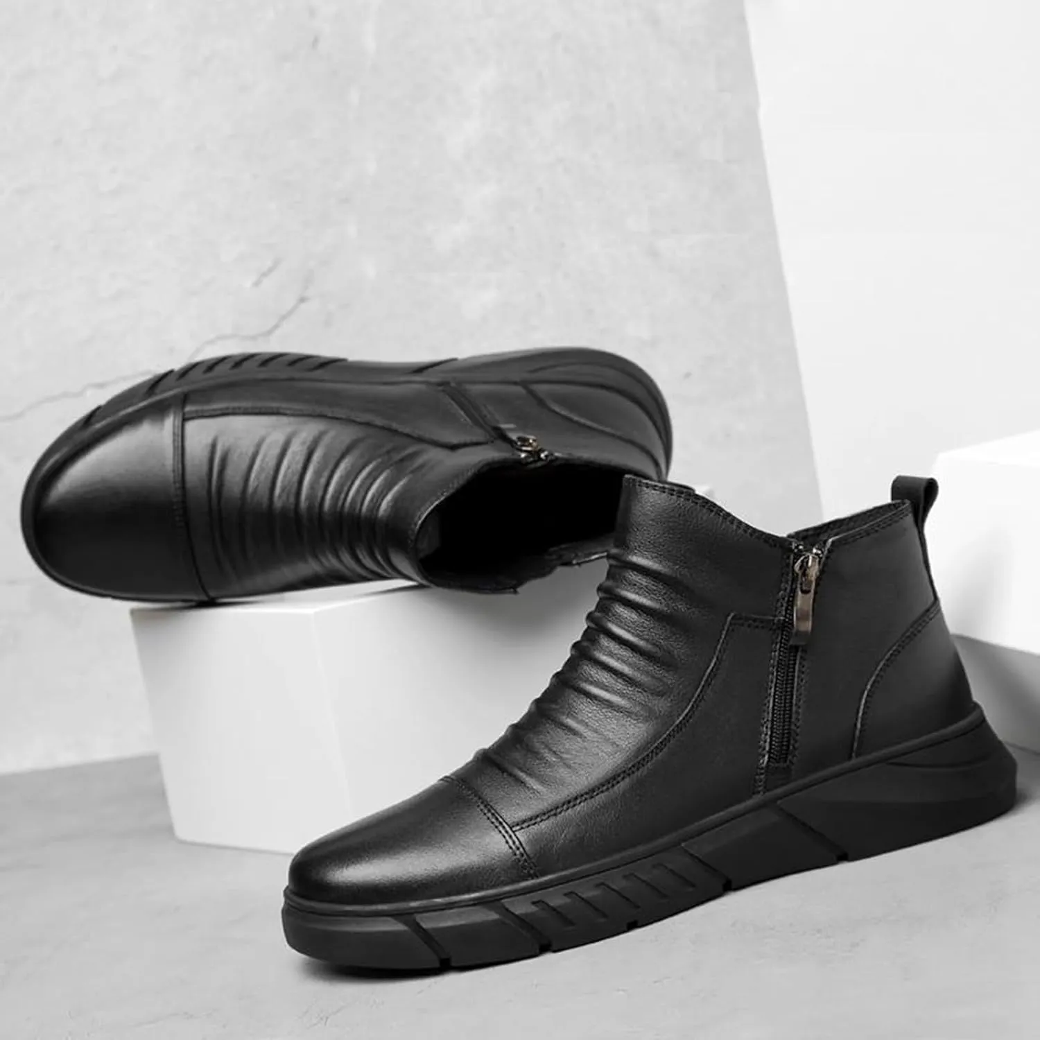 Zeberfi Men's Italian High-top Casual Leather Boots Fashion Winter Fleece-Lined Waterproof Sneaker Boot Round Toe Side Zipper Pleated Retro Comfortable Business Chukka Booties