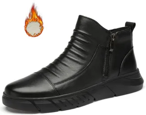 Zeberfi Men's Italian High-top Casual Leather Boots Fashion Winter Fleece-Lined Waterproof Sneaker Boot Round Toe Side Zipper Pleated Retro Comfortable Business Chukka Booties