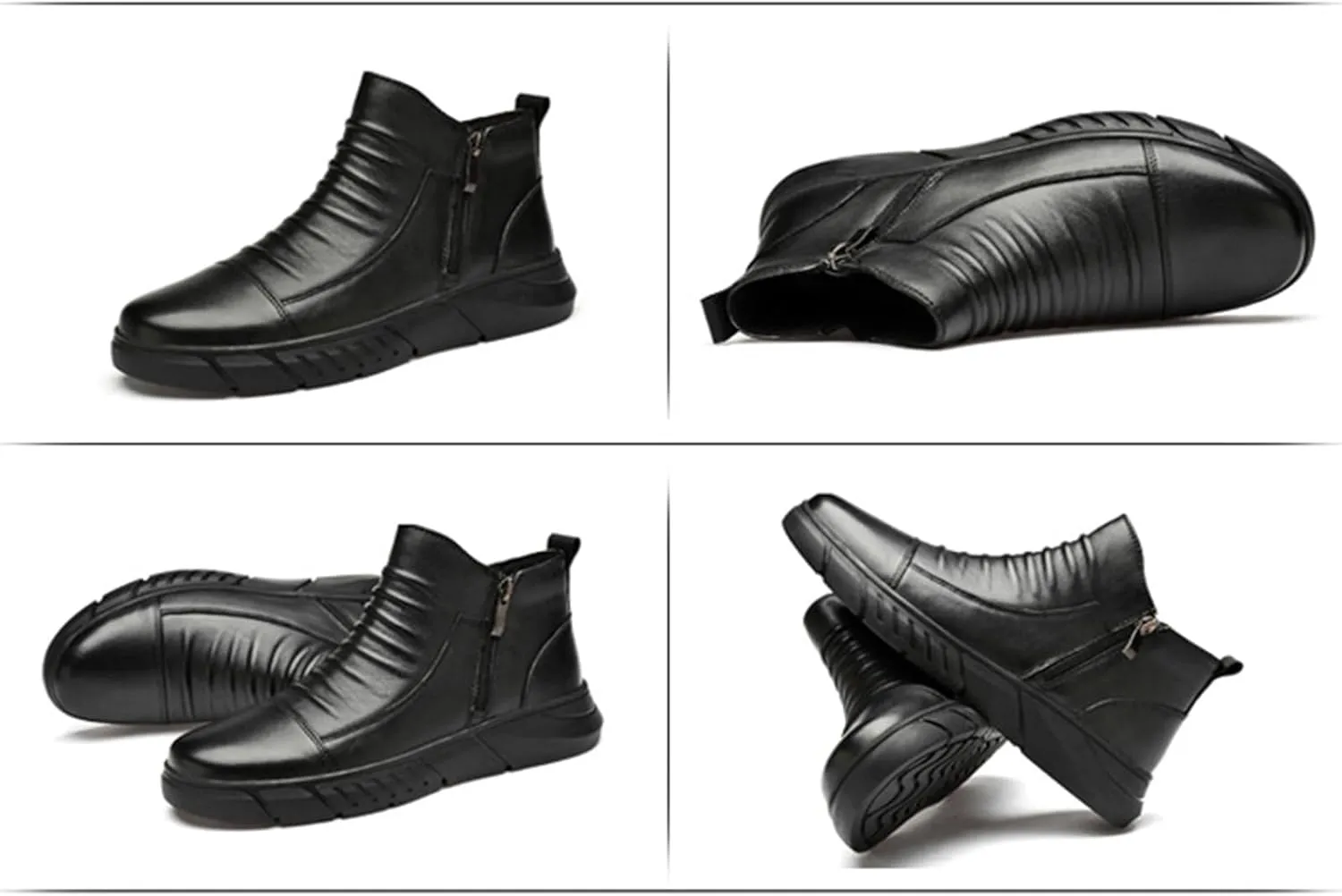 Zeberfi Men's Italian High-top Casual Leather Boots Fashion Winter Fleece-Lined Waterproof Sneaker Boot Round Toe Side Zipper Pleated Retro Comfortable Business Chukka Booties