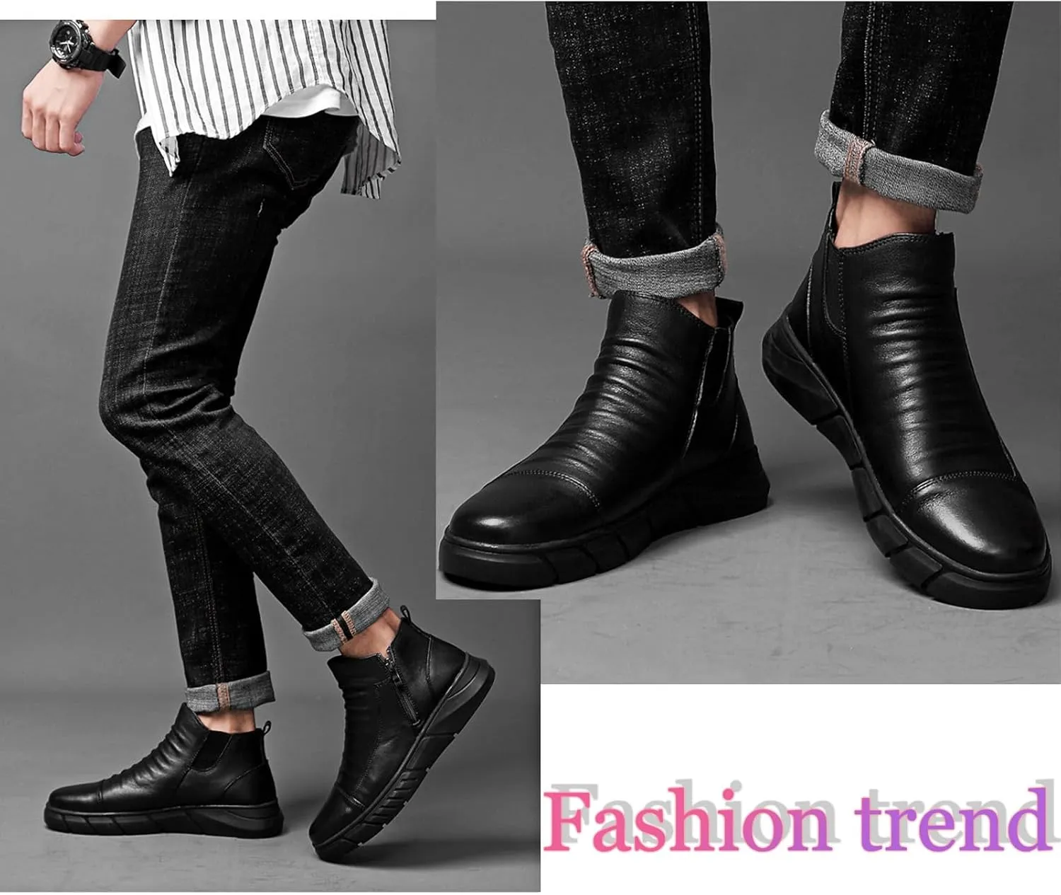 Zeberfi Men's Italian High-top Casual Leather Boots Fashion Winter Fleece-Lined Waterproof Sneaker Boot Round Toe Side Zipper Pleated Retro Comfortable Business Chukka Booties