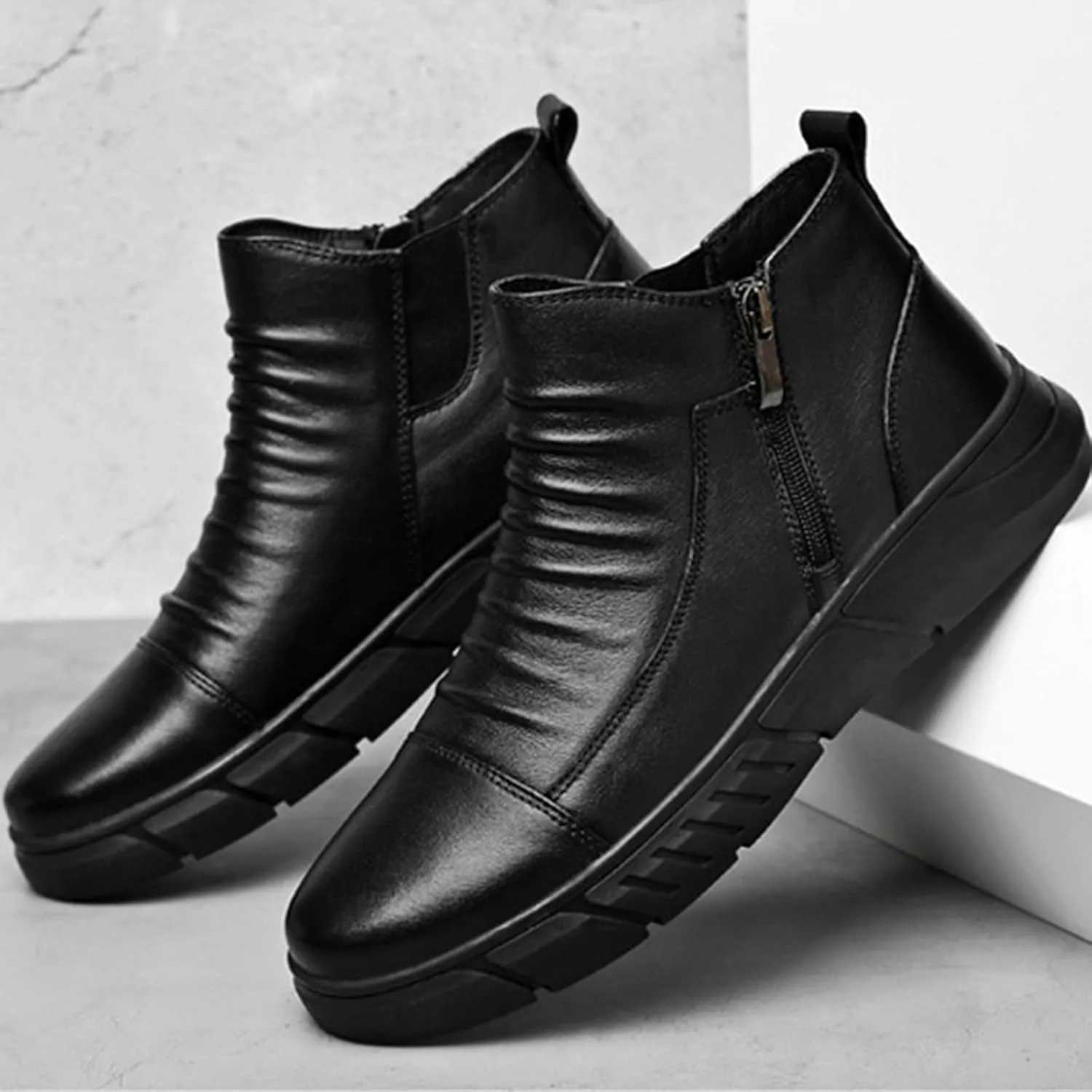 Zeberfi Men's Italian High-top Casual Leather Boots Fashion Winter Fleece-Lined Waterproof Sneaker Boot Round Toe Side Zipper Pleated Retro Comfortable Business Chukka Booties