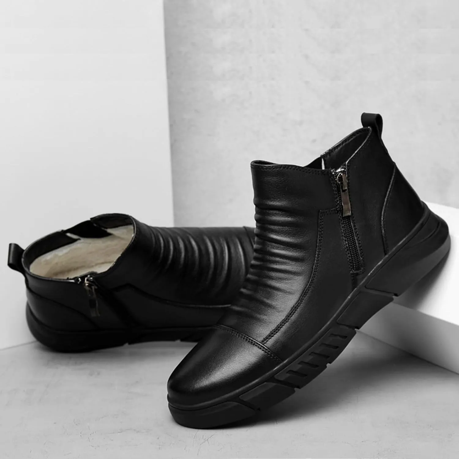 Zeberfi Men's Italian High-top Casual Leather Boots Fashion Winter Fleece-Lined Waterproof Sneaker Boot Round Toe Side Zipper Pleated Retro Comfortable Business Chukka Booties