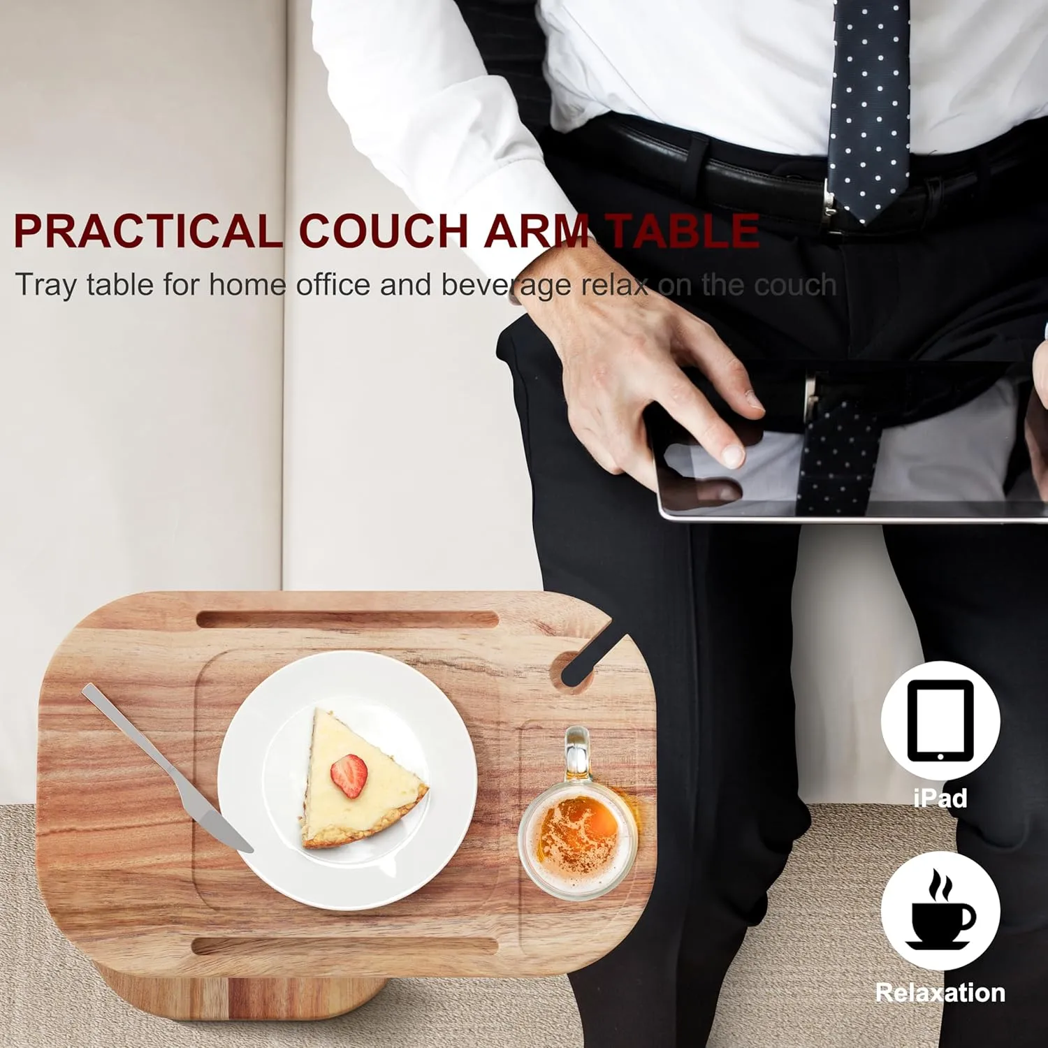 ZUJJAFY TV Tray Table Adjustable Height Swivel Tray Tables for Couch, Acacia Wood Couch Side Table for Drinks, Snacks and Small Space, C Shaped End Table Couch Arm Table for Sofa, Bed or Chair